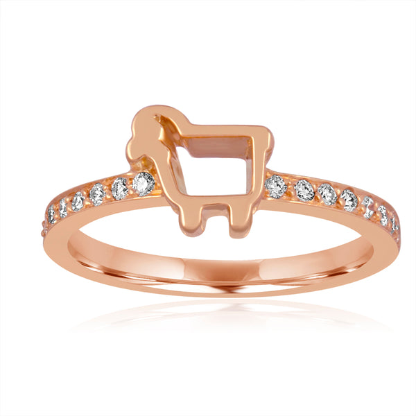 14K rose gold ring with pavé diamonds and lamb logo