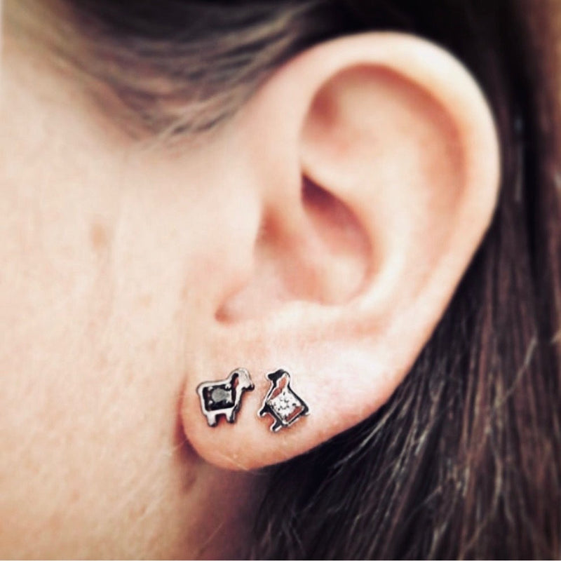 silver mini sheep stud earrings with black and white diamonds