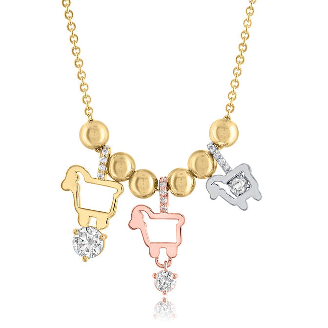 Lamb charms in yellow rose and white gold on the necklace