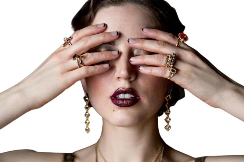 Model wearing custom fine bespoke jewelry designed by Julie Lamb