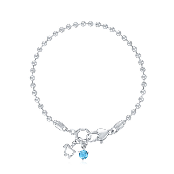 Blue Topaz & Sterling Ball Chain Bracelet with Mini Logo & Gem