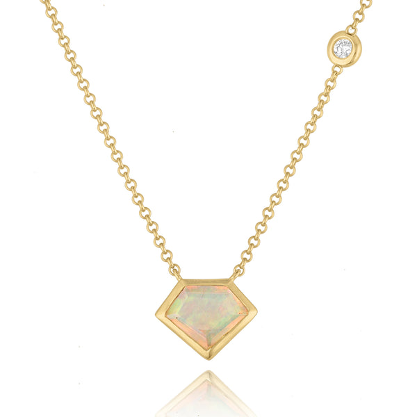 18K Yellow Gold Super Mini Opal Necklace with Flying Diamond