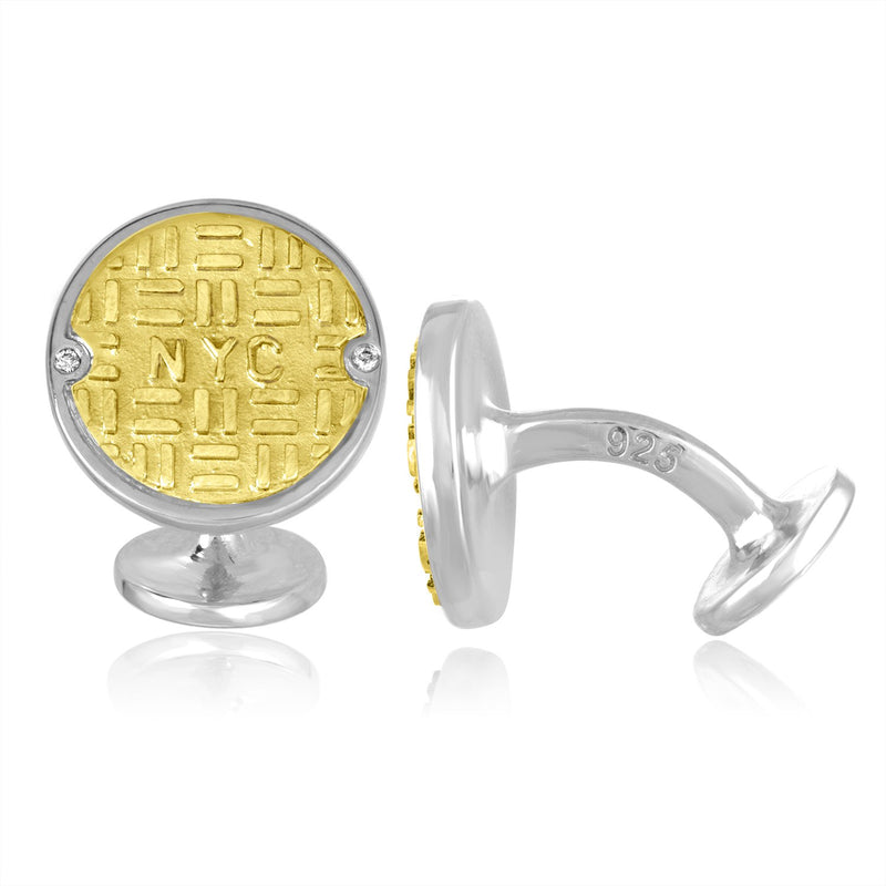 sterling and Gold Manhole Cufflinks with Diamonds
