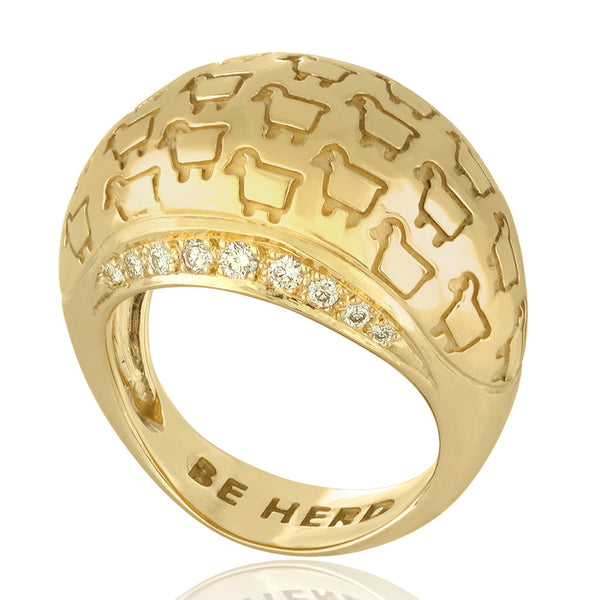 18K Yellow Gold 'Be Herd' Bombay Ring  with Lamb Logo and diamonds