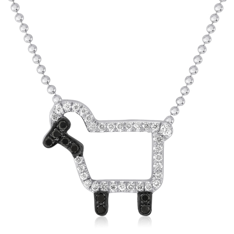 Sterling silver lamb logo necklace with white and black diamonds
