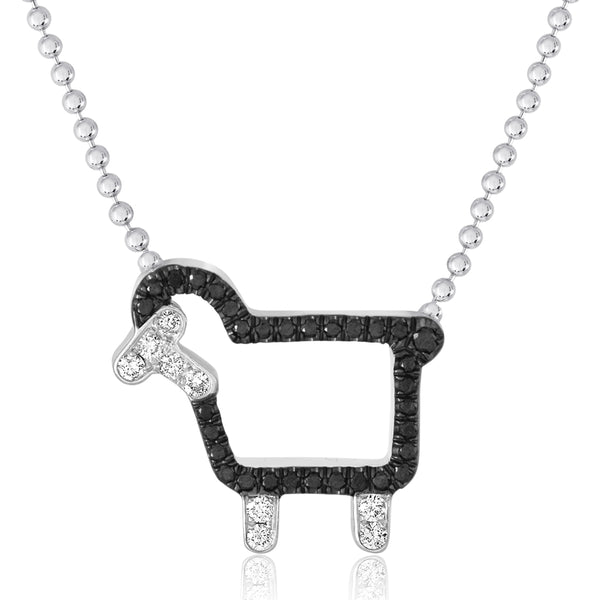 Sterling silver black sheep logo necklace with black and white diamonds