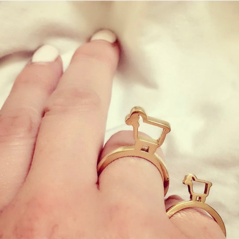 18K Yellow Gold Mini Slice Stacking Ring  with Lamb Logo shown worn on hand