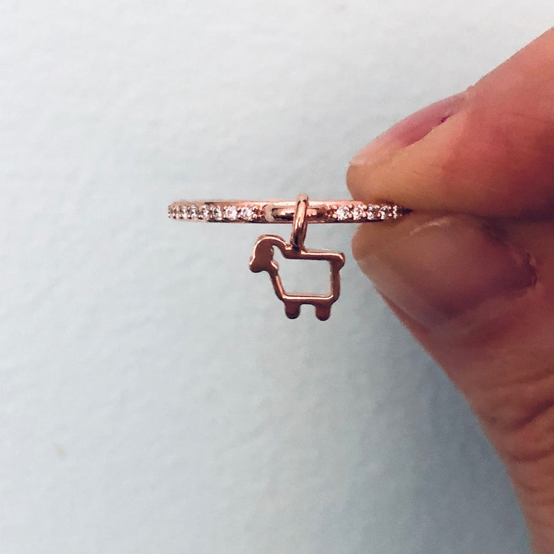 Lamb logo charm ring in 14K rose gold with diamonds