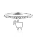 14K white gold lamb logo charm ring with  diamonds