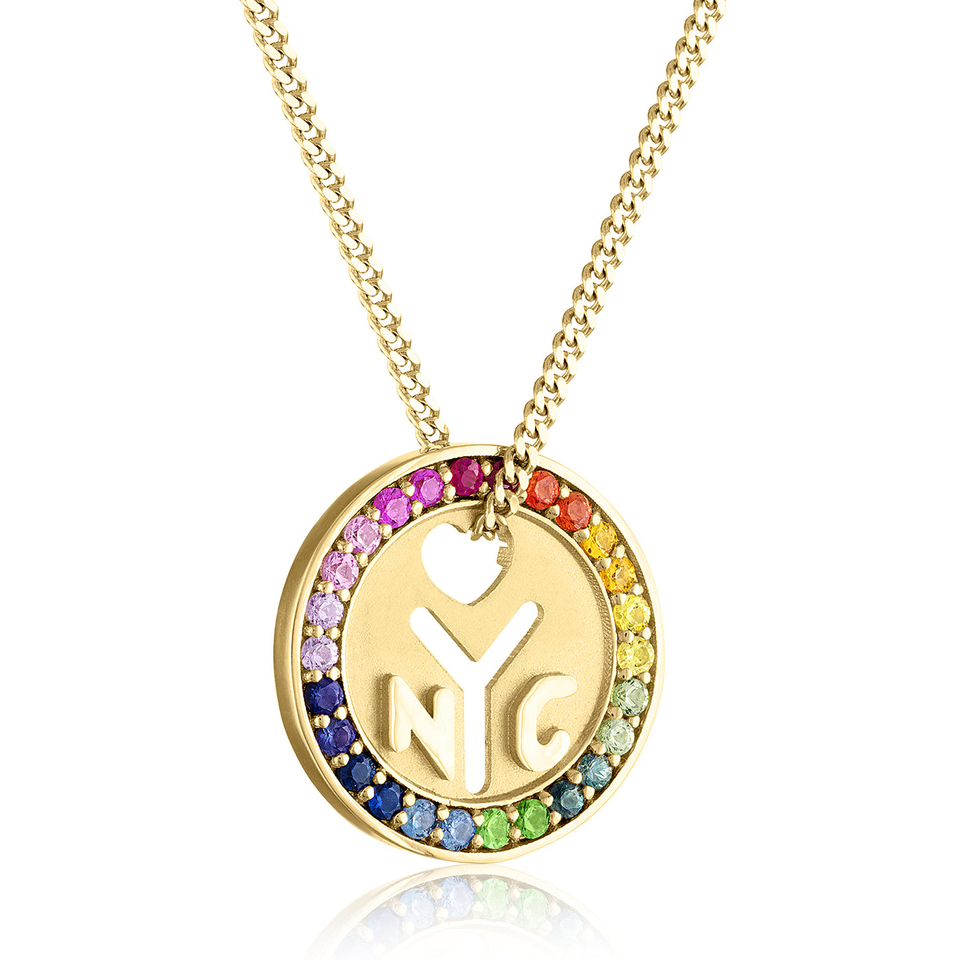 18K Yellow Gold Rainbow Subway Token Jewelry with Sapphires